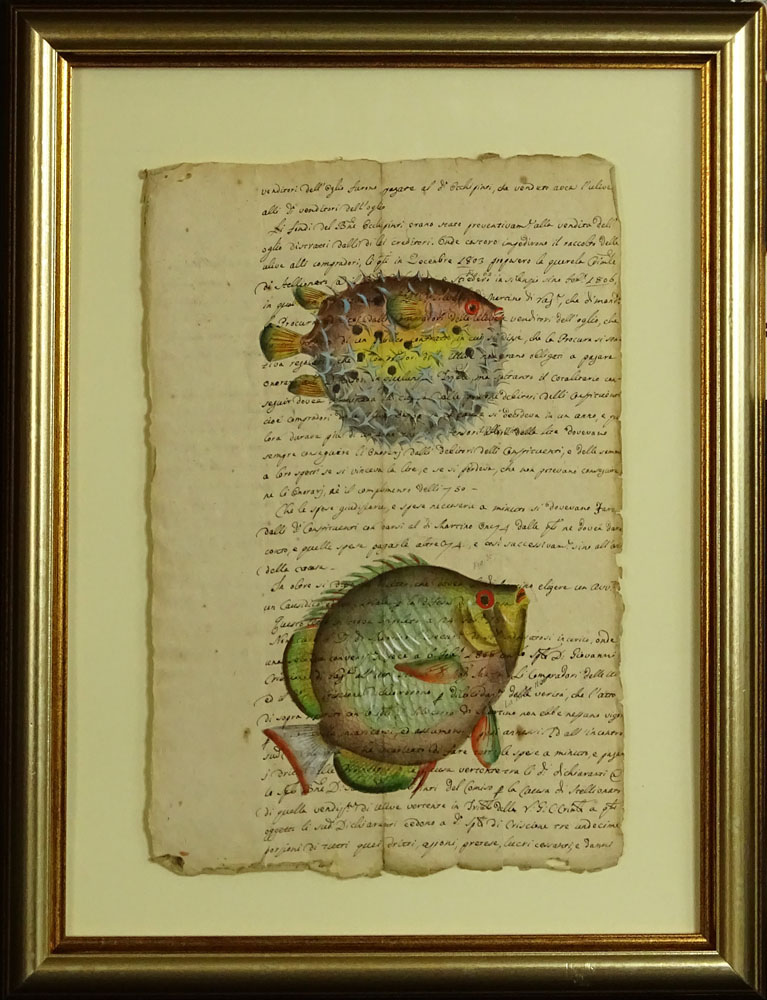 17th Century Manuscript Hand Decorated with Later Watercolor "Fish". 