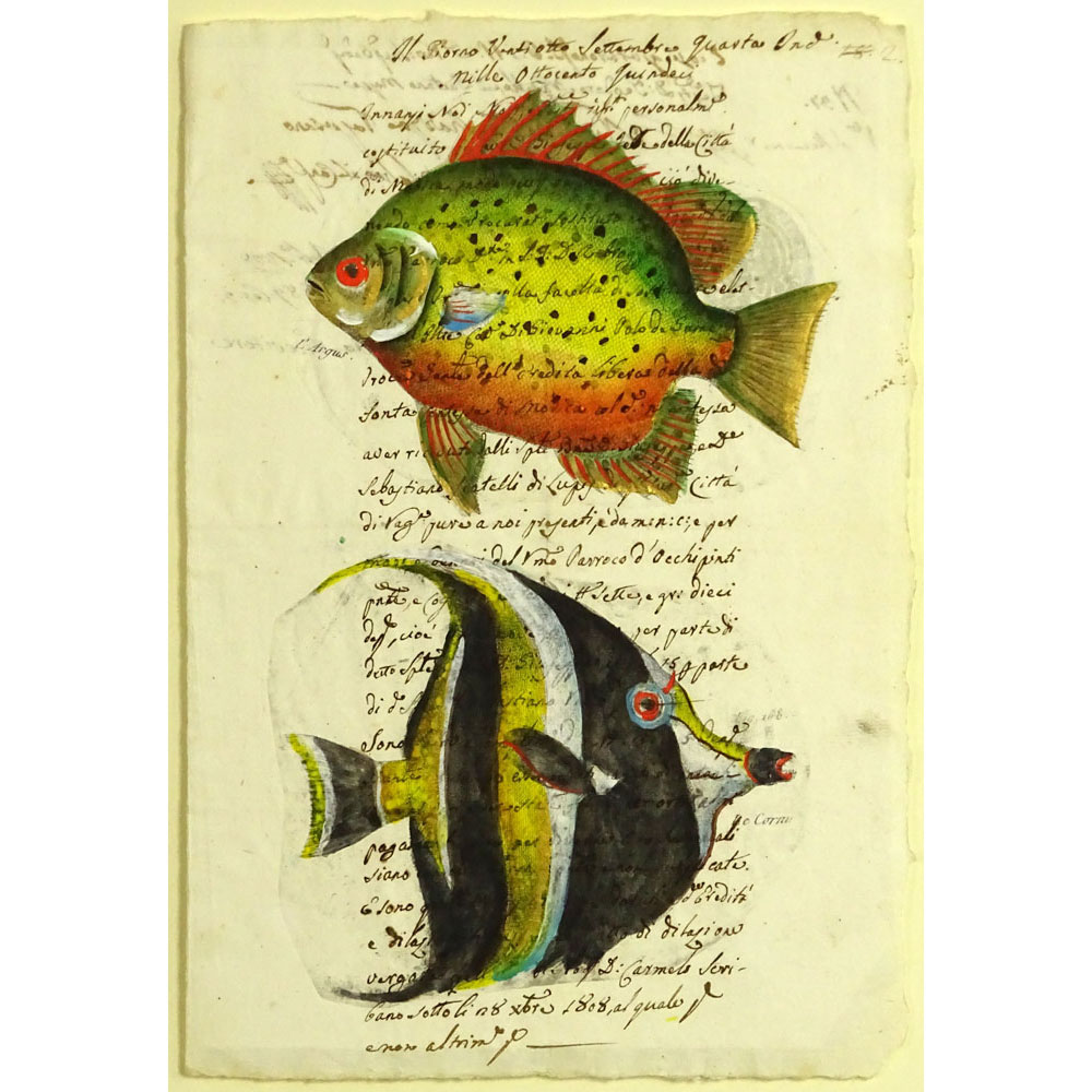 17th Century Manuscript Hand Decorated with Later Watercolor "Fish". 