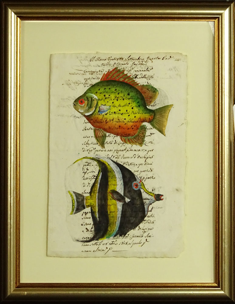 17th Century Manuscript Hand Decorated with Later Watercolor "Fish". 