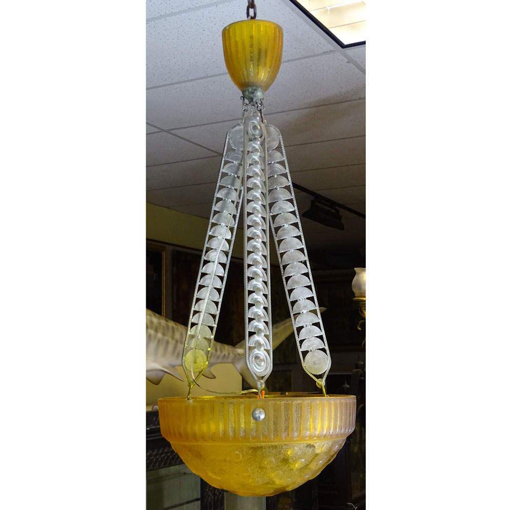 Art Deco Style Amber Moulded Glass Chandelier with Silvered Metal Stylized Supports.