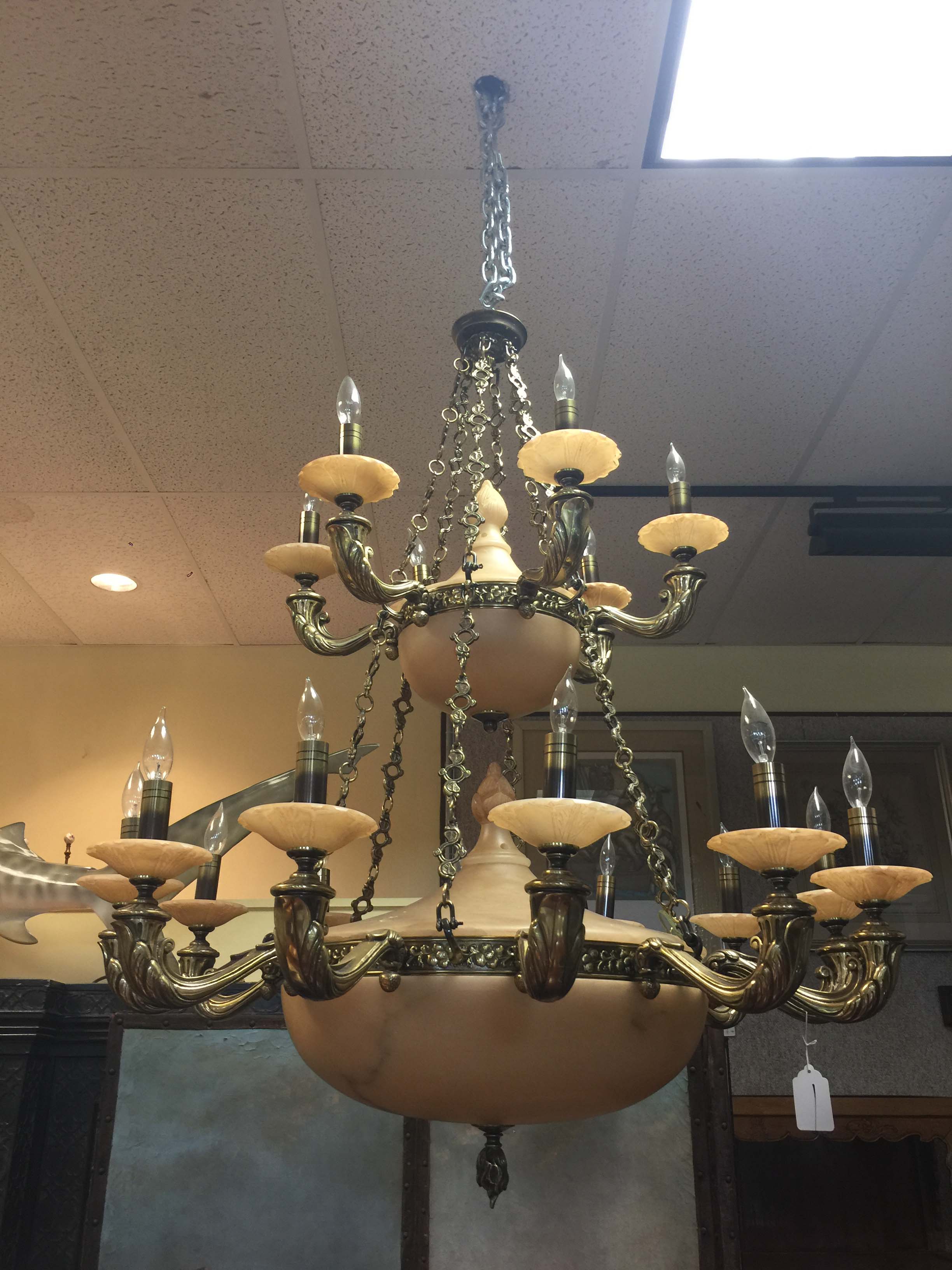 Contemorary Large Bronze and Alabaster Chandelier.