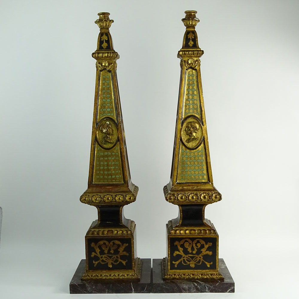 Pair 19/20th Century Probably Italian, Carved Painted Wood Obelisks on Marble Bases. 