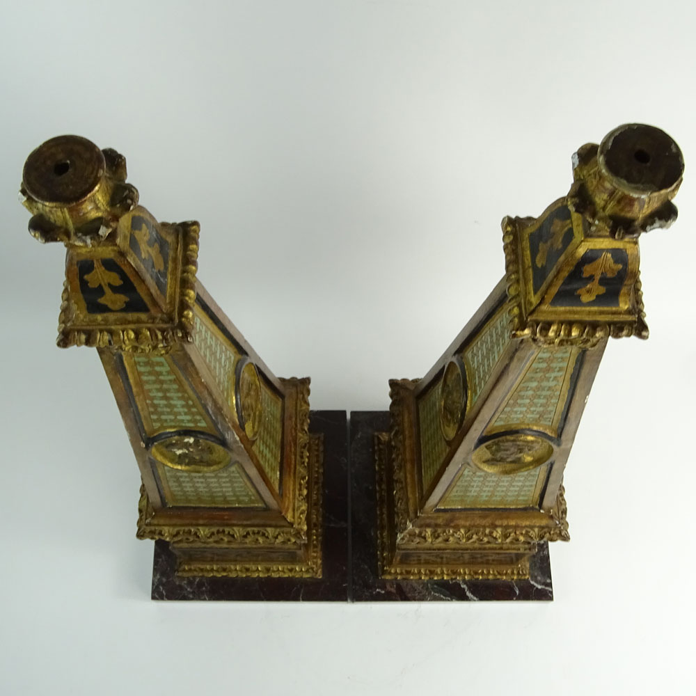 Pair 19/20th Century Probably Italian, Carved Painted Wood Obelisks on Marble Bases. 