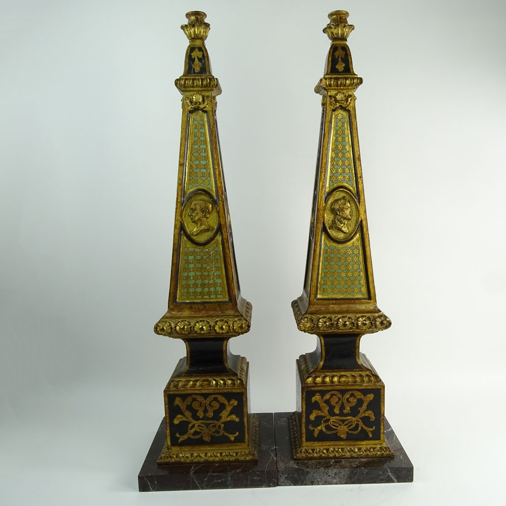 Pair 19/20th Century Probably Italian, Carved Painted Wood Obelisks on Marble Bases. 