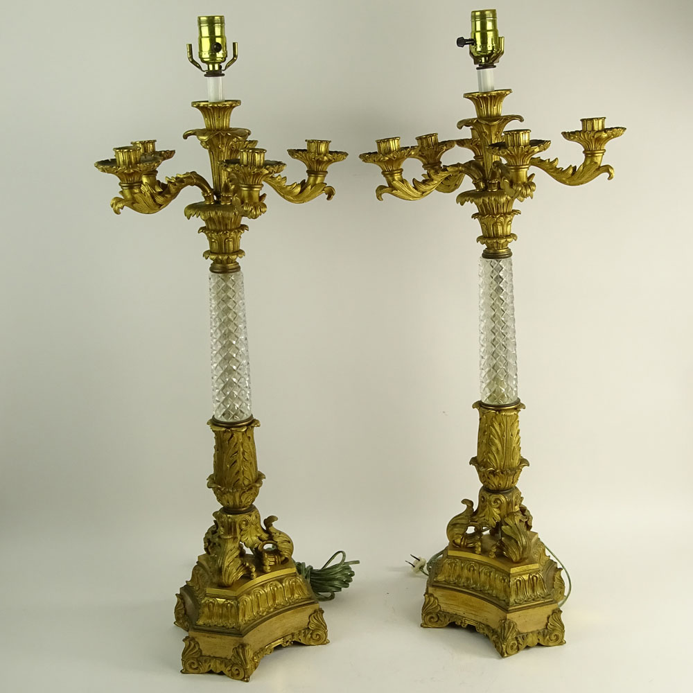 Pair 19th Century Rococo Style Gilt Bronze and Crystal 6 Light Candelabra.