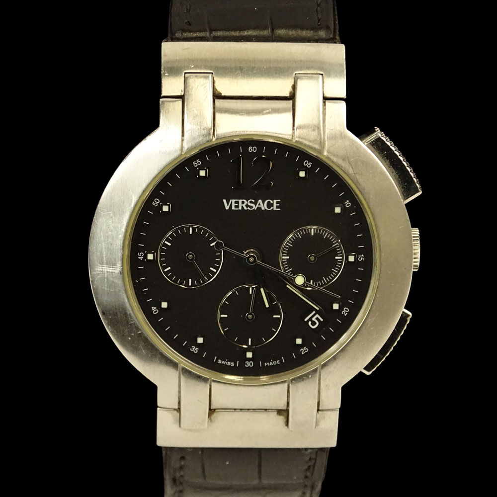 Men's Versace Stainless Steel Chronograph Automatic Movement Watch with Crocodile Strap.