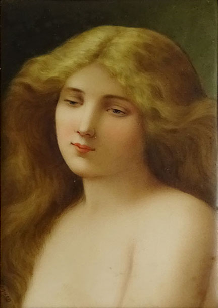 Wagner Signed Porcelain Plaque, "Solitude" in Fine Gilt Bronze Frame. 