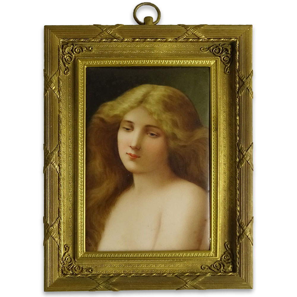 Wagner Signed Porcelain Plaque, "Solitude" in Fine Gilt Bronze Frame. 