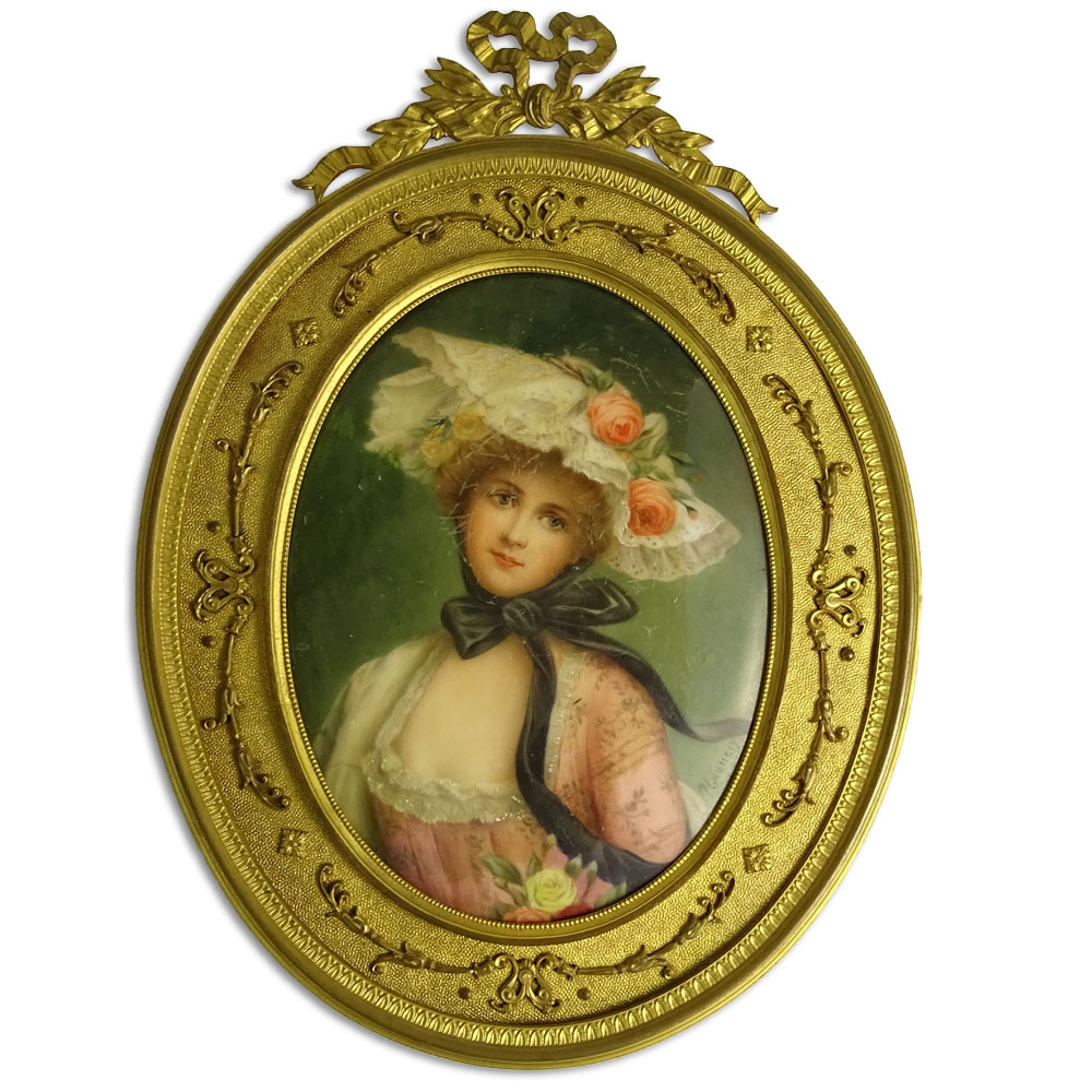 Wagner Signed Porcelain Plaque, Girl with Flowered Hat in Fine Gilt Bronze Frame.