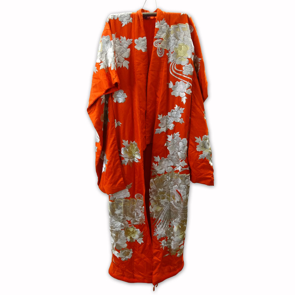 Vintage Japanese Embroidered Flying Crane & Flowers Design Uchikake Kimono. Red silk with silver threads.