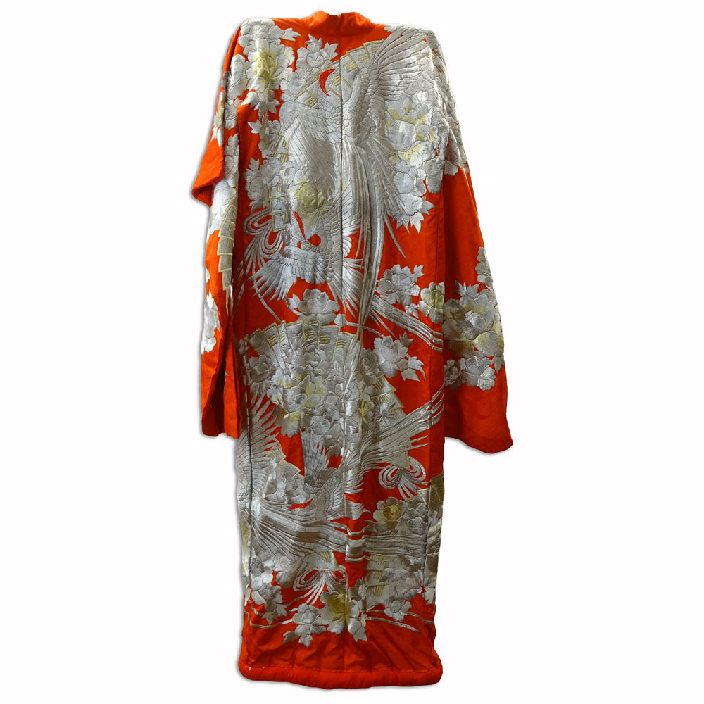 Vintage Japanese Embroidered Flying Crane & Flowers Design Uchikake Kimono. Red silk with silver threads.