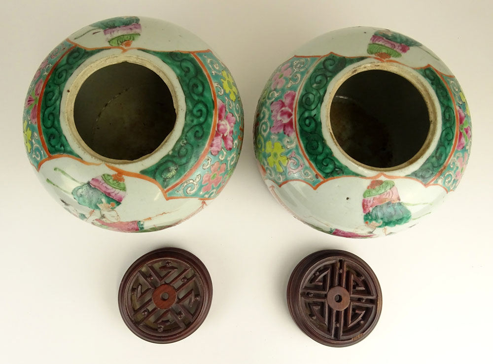 Pair Vintage Chinese Hand Painted Porcelain Ginger Jars. Hardwood Lids and Bases.