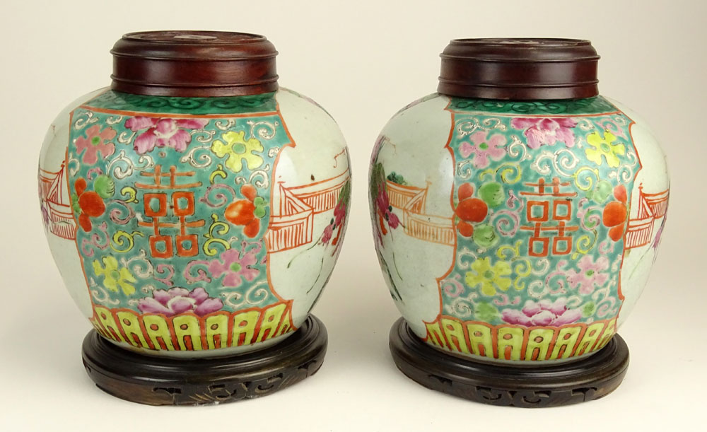 Pair Vintage Chinese Hand Painted Porcelain Ginger Jars. Hardwood Lids and Bases.