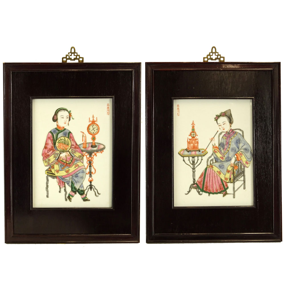 Pair of Vintage Chinese Hand Painted Porcelain Plaques of Women In Hardwood Frames.