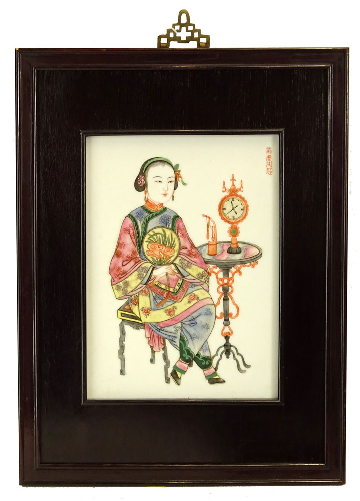 Pair of Vintage Chinese Hand Painted Porcelain Plaques of Women In Hardwood Frames.
