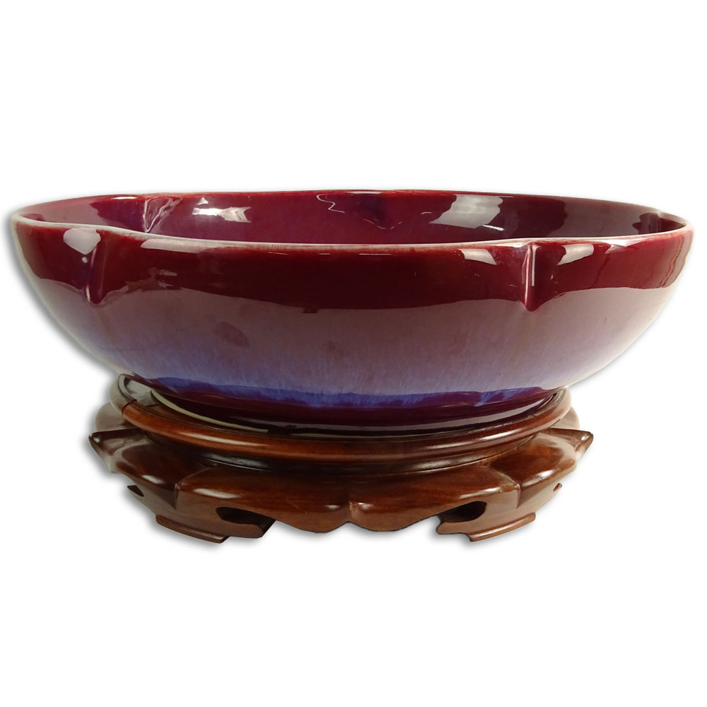 Impressive Modern Sang De Boeuf Large Lobed Bowl on Hardwood Stand.