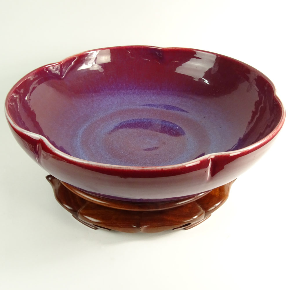 Impressive Modern Sang De Boeuf Large Lobed Bowl on Hardwood Stand.