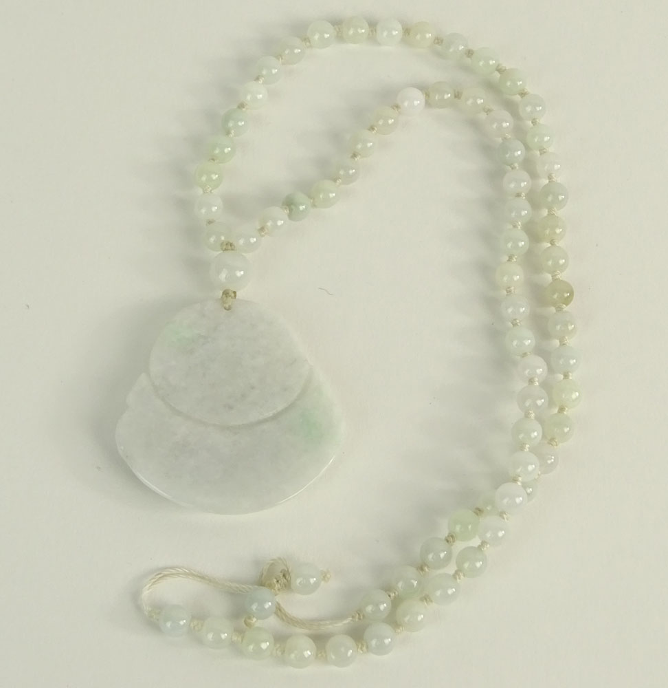 AGL Certified Jadeite Jade Carved Buddha Pendant on Beaded Necklace.