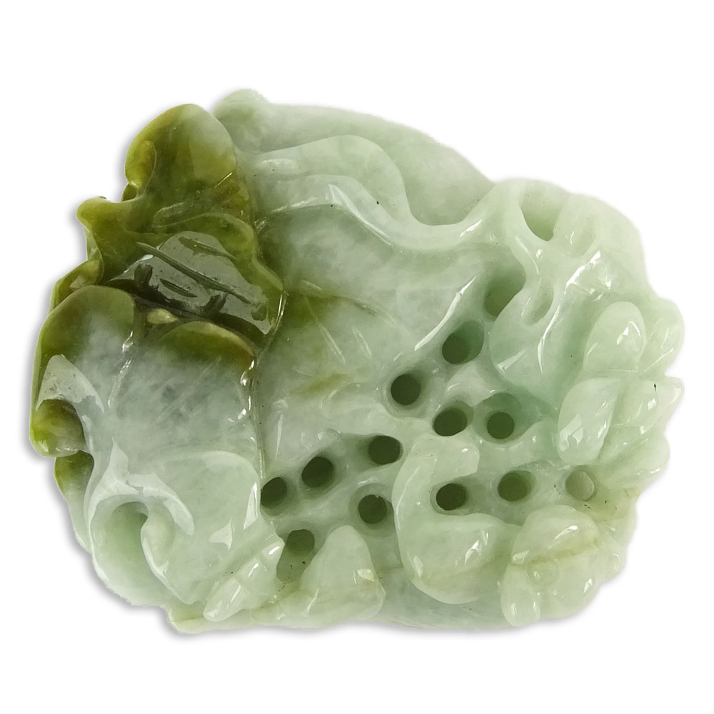 GIA Certified Chinese Jadeite Jade Carving Depicting Monkey In Flowering Tree.