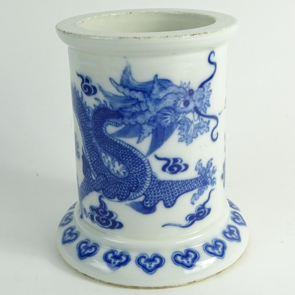 Antique Chinese Blue and White Porcelain Brush Pot with a Dragon Motif.