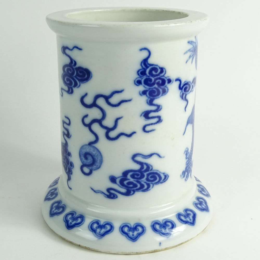 Antique Chinese Blue and White Porcelain Brush Pot with a Dragon Motif.