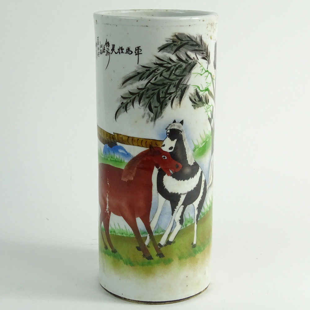 Vintage Chinese Hand Painted Porcelain Cylinder Vase.