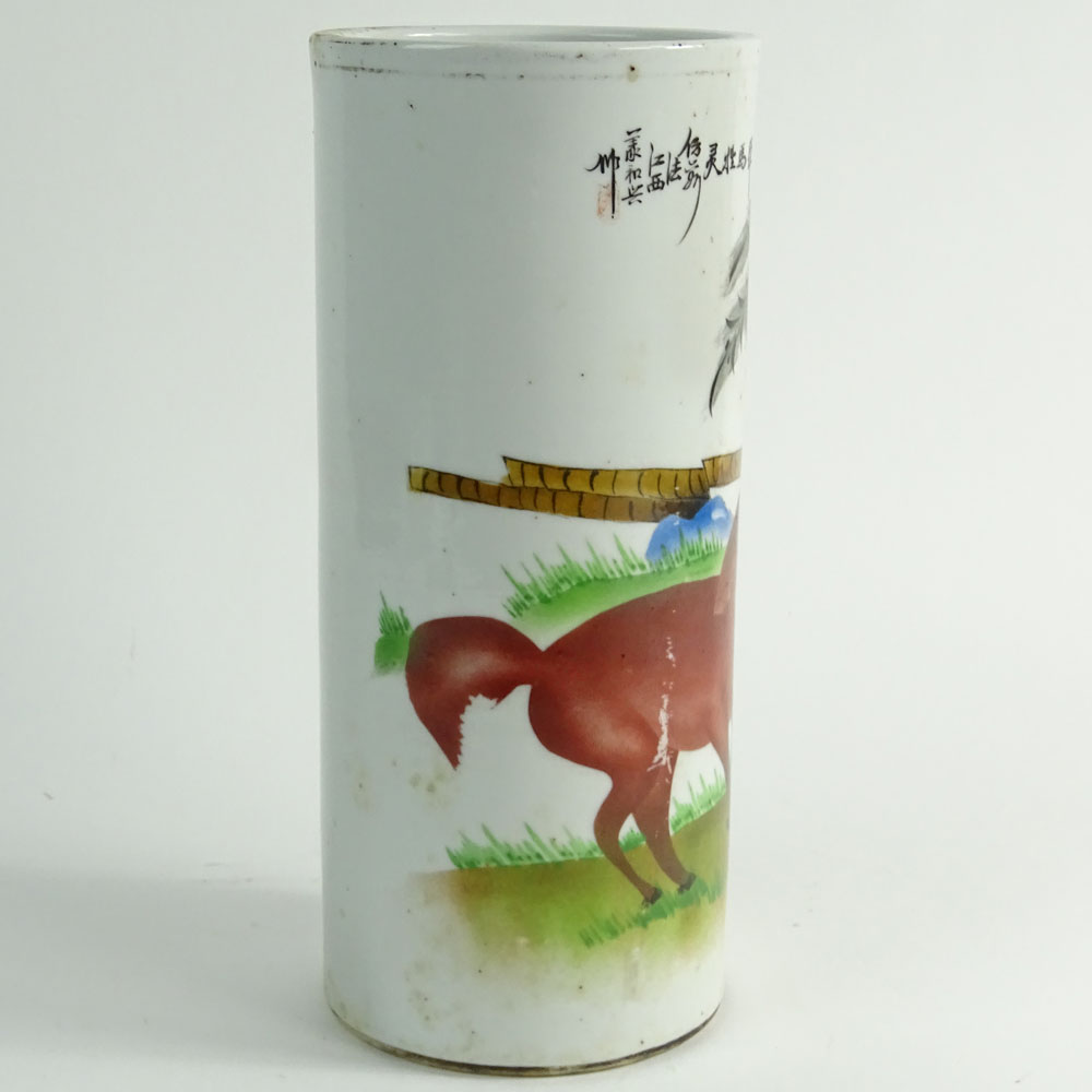 Vintage Chinese Hand Painted Porcelain Cylinder Vase.