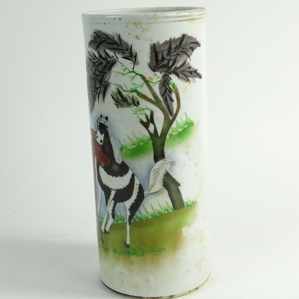 Vintage Chinese Hand Painted Porcelain Cylinder Vase.