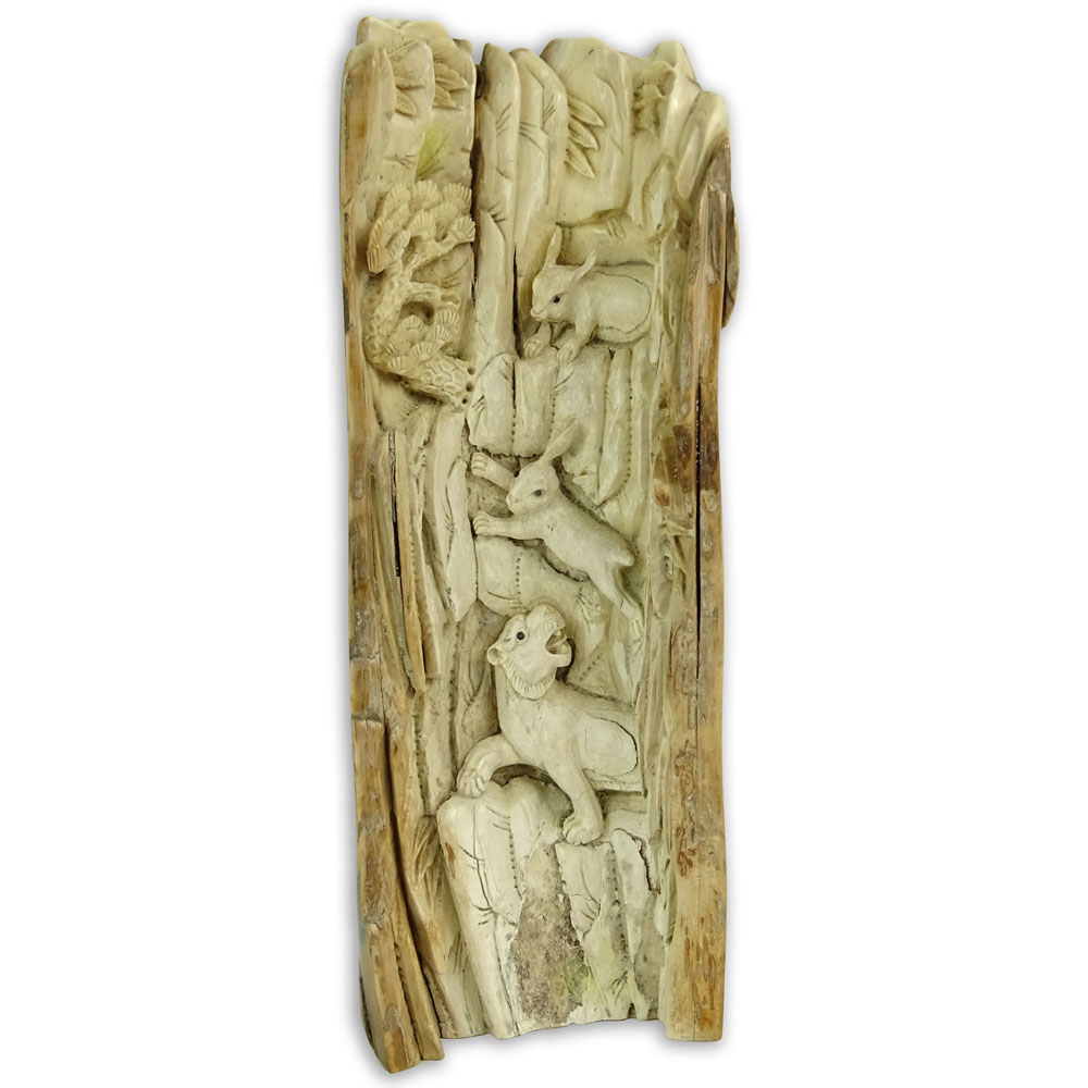 Antique Chinese Mammoth Ivory Tusk Carving Depicting Animals.