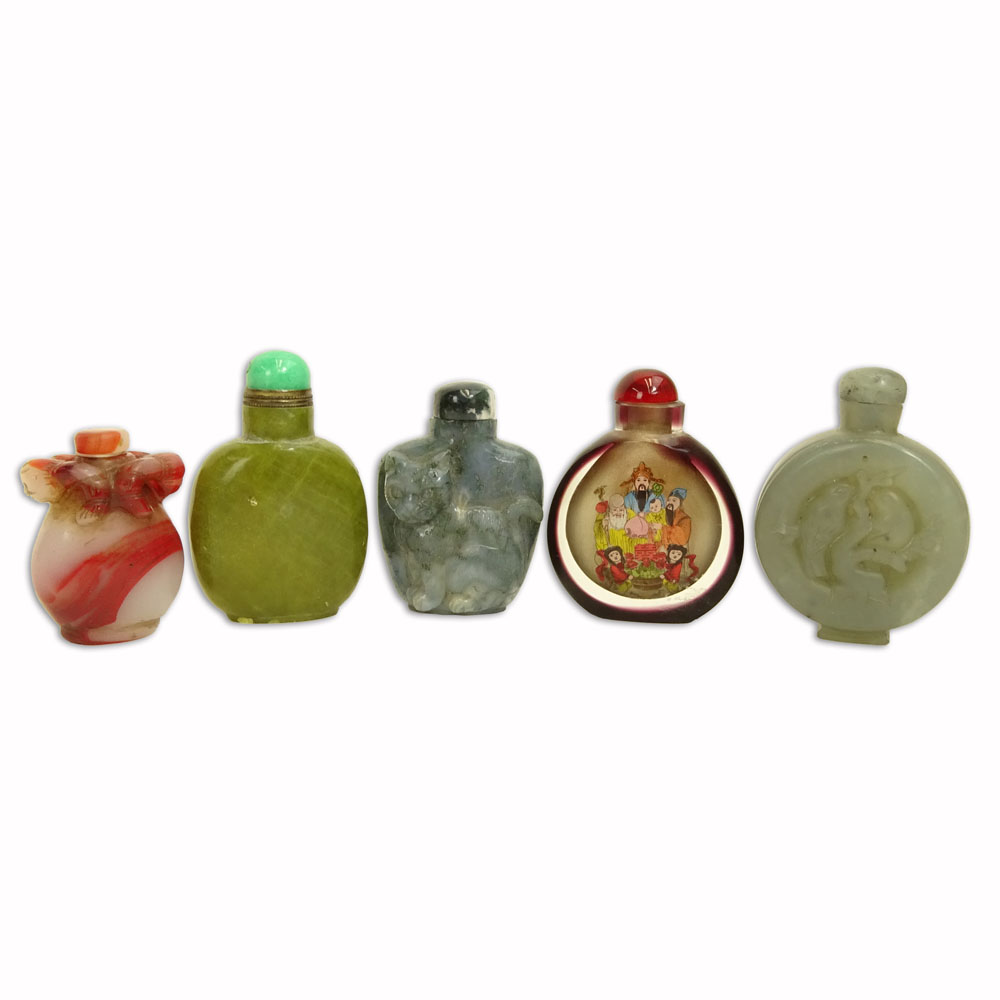 Collection of 5 Snuff Bottles Includes hardstone and reverse painting on glass.