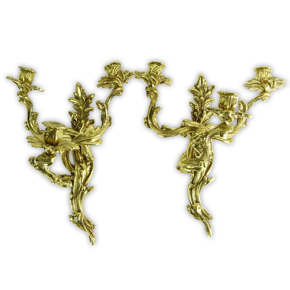 Pair of Mid Century Gilt Brass 3 Light Sconces.