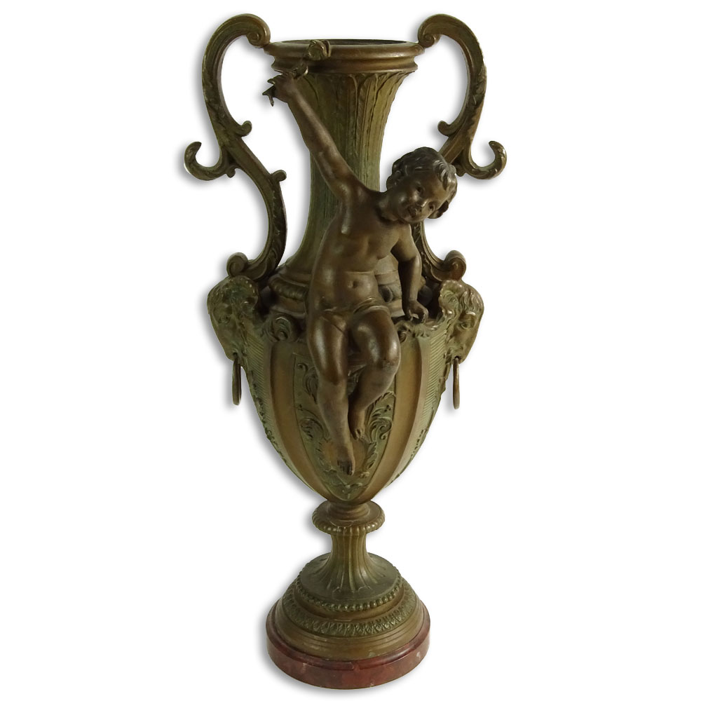 Vintage French Metal Figural Urn on Rouge Marble Base.