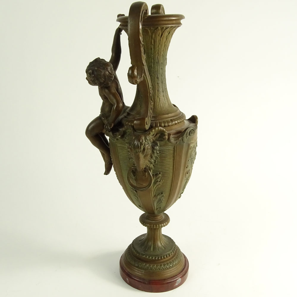 Vintage French Metal Figural Urn on Rouge Marble Base.