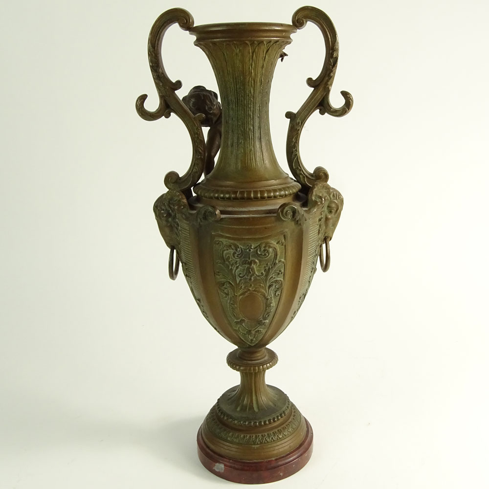 Vintage French Metal Figural Urn on Rouge Marble Base.