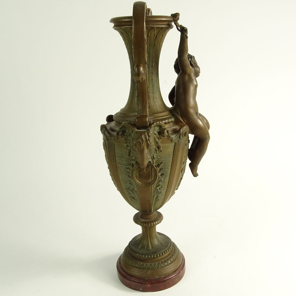 Vintage French Metal Figural Urn on Rouge Marble Base.