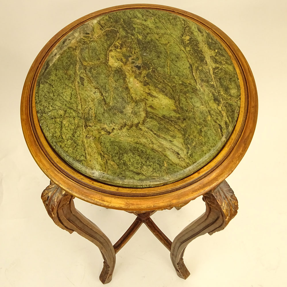 Modern Carved Wood Pedestal Table with Green Marble Top.