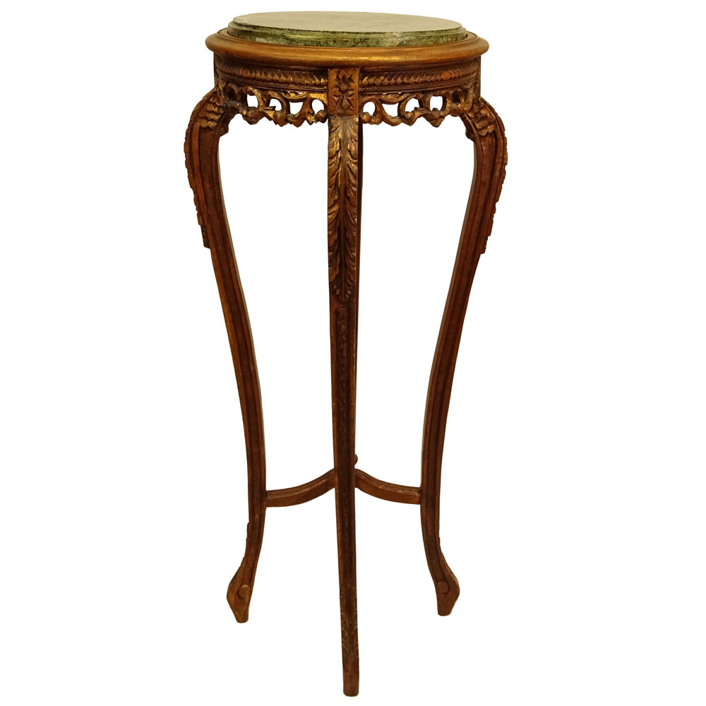 Modern Carved Wood Pedestal Table with Green Marble Top.
