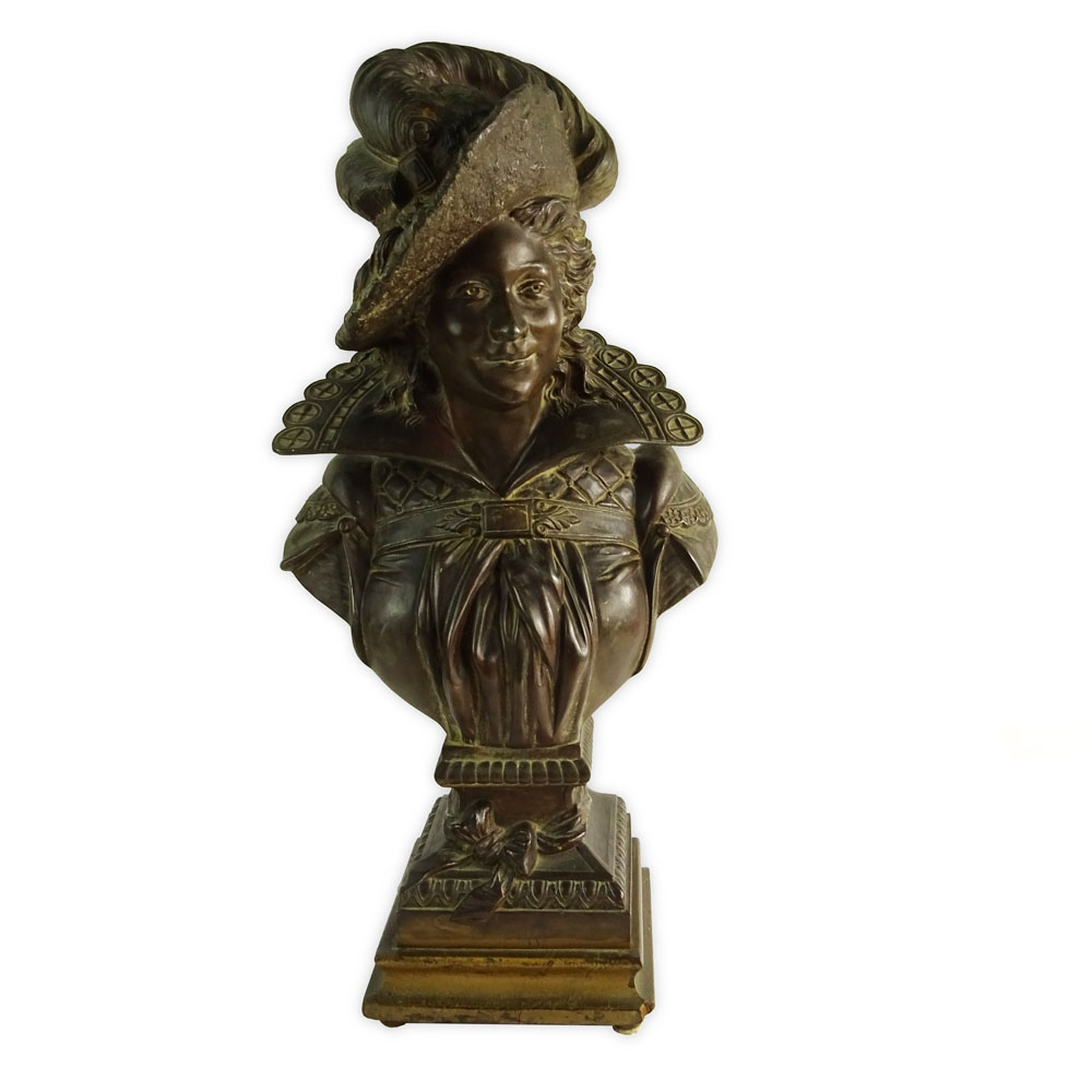 Vintage French Metal Bust of a Man on wood base.