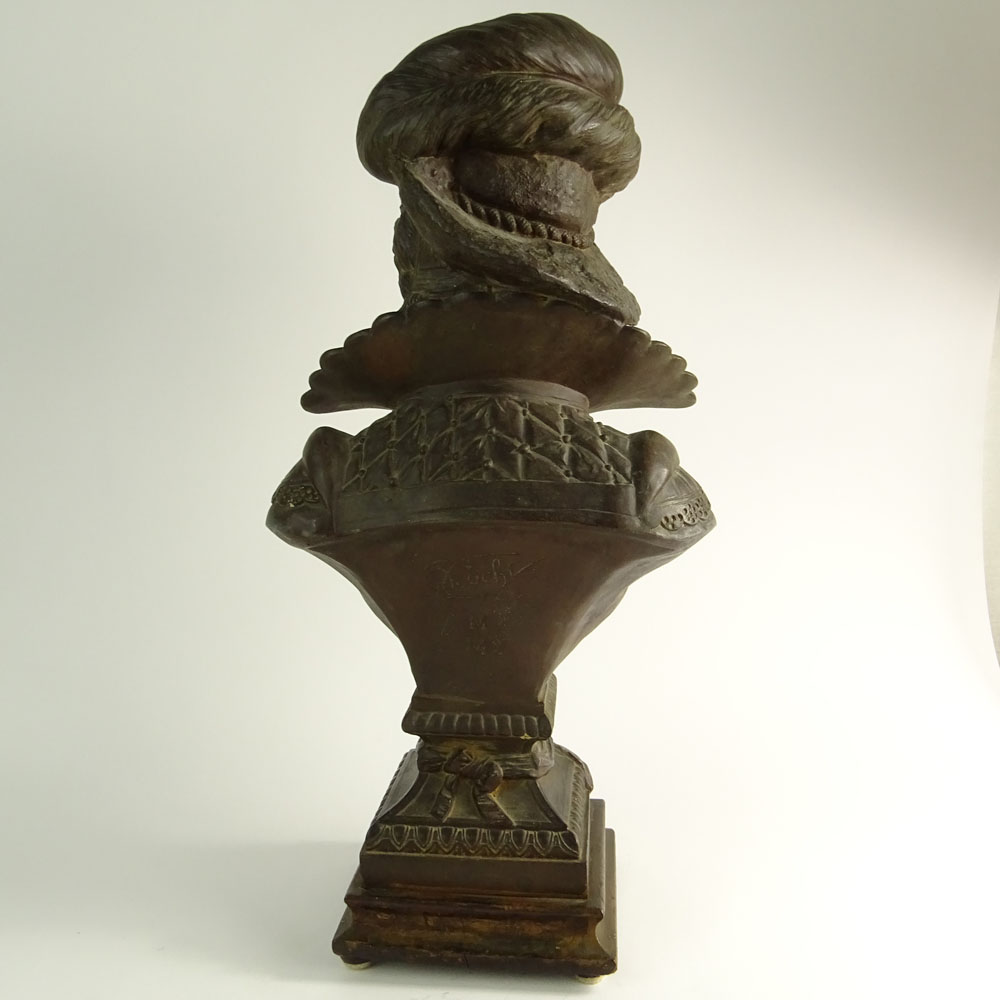 Vintage French Metal Bust of a Man on wood base.