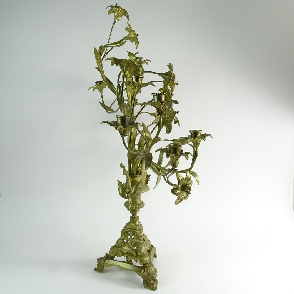 Large Single Gilt Bronze Floral and Figural Candelabra. Good Decorative Lights.