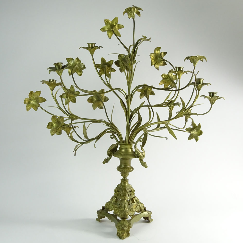 Large Single Gilt Bronze Floral and Figural Candelabra. Good Decorative Lights.