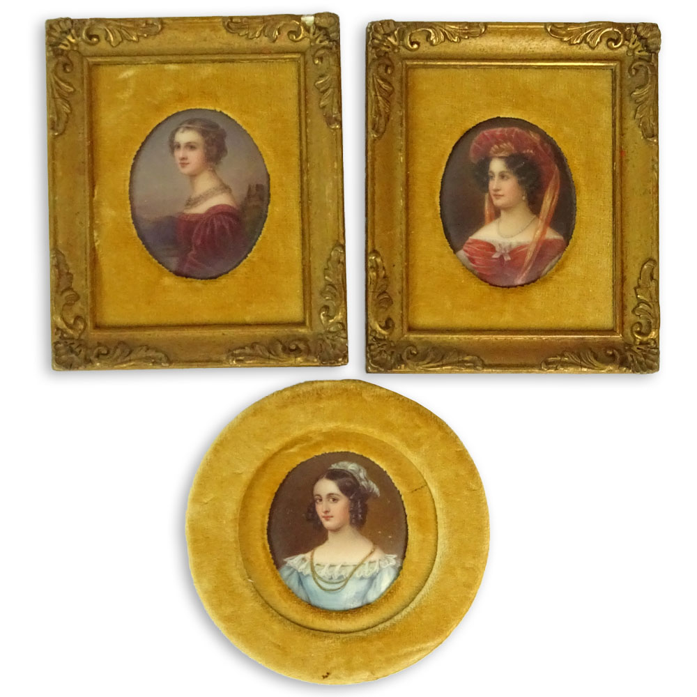 Collection of Three (3) Painted Portrait Miniatures on Porcelain, Young Beauties. 