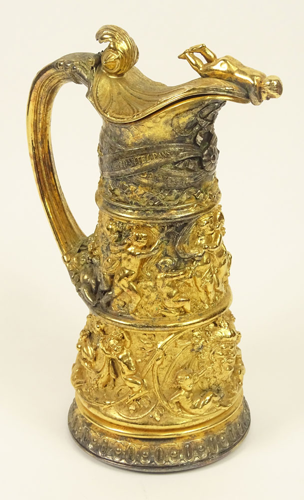 19/20th Century French Heavy Gilt Metal Ewer with Relief Cherub and Mask Decoration.