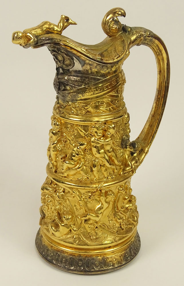 19/20th Century French Heavy Gilt Metal Ewer with Relief Cherub and Mask Decoration.