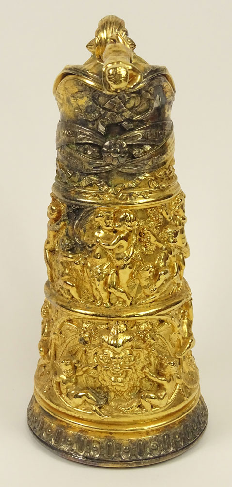 19/20th Century French Heavy Gilt Metal Ewer with Relief Cherub and Mask Decoration.