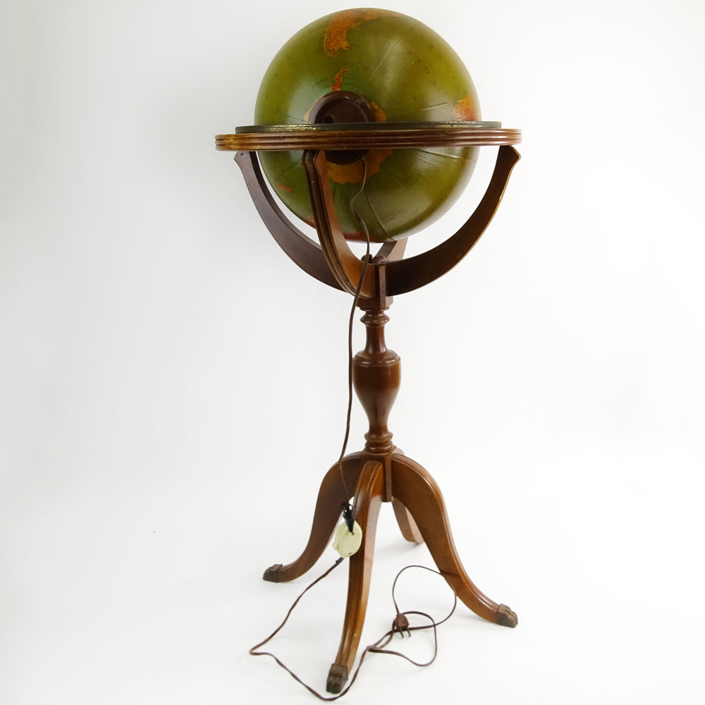 Vintage Lighted Glass World Globe on Wood Stand.