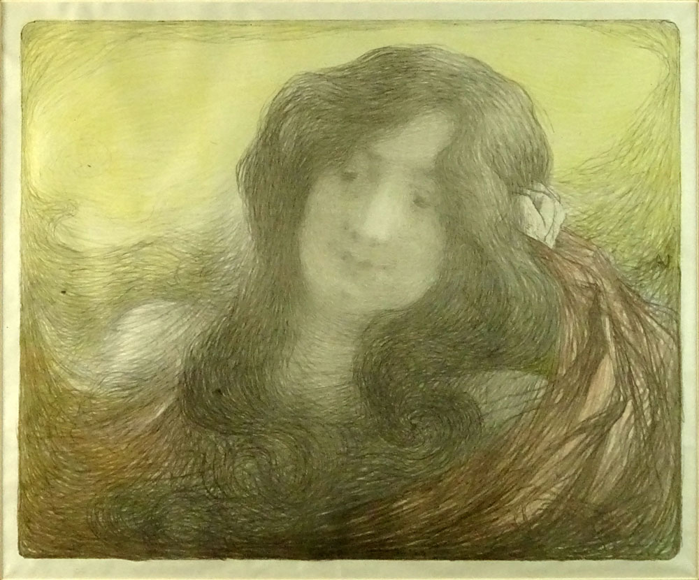 Edmond François Aman-Jean, French (1858-1936) Circa 1900 Color Lithograph, Tete de Femme. 