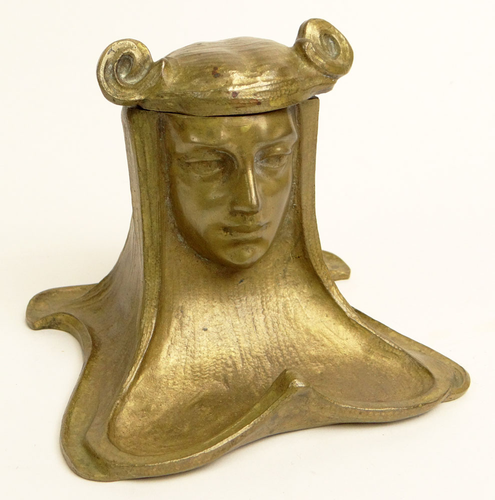 Circa 1900 Art Nouveau Gilt Bronze Inkwell in the Form of a Maiden.