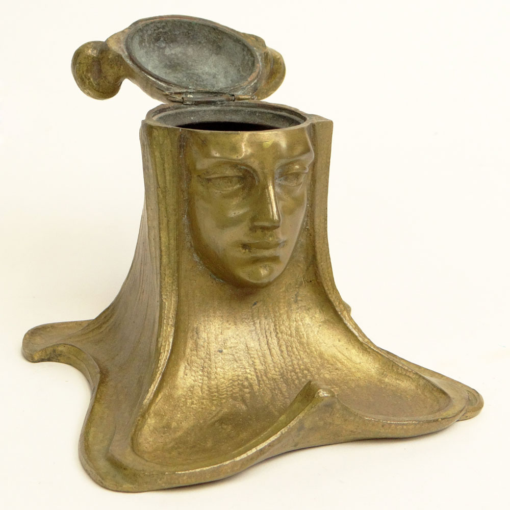 Circa 1900 Art Nouveau Gilt Bronze Inkwell in the Form of a Maiden.