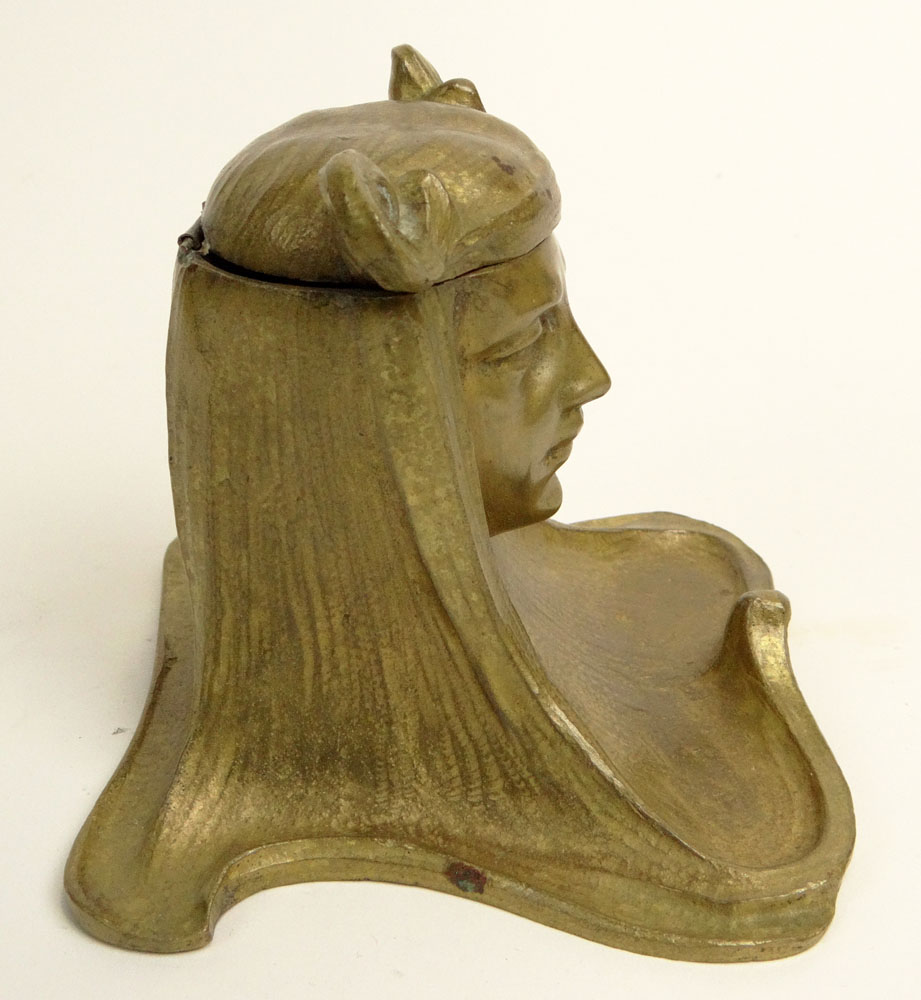 Circa 1900 Art Nouveau Gilt Bronze Inkwell in the Form of a Maiden.